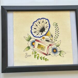 Framed Gramophone Art with Floral Design